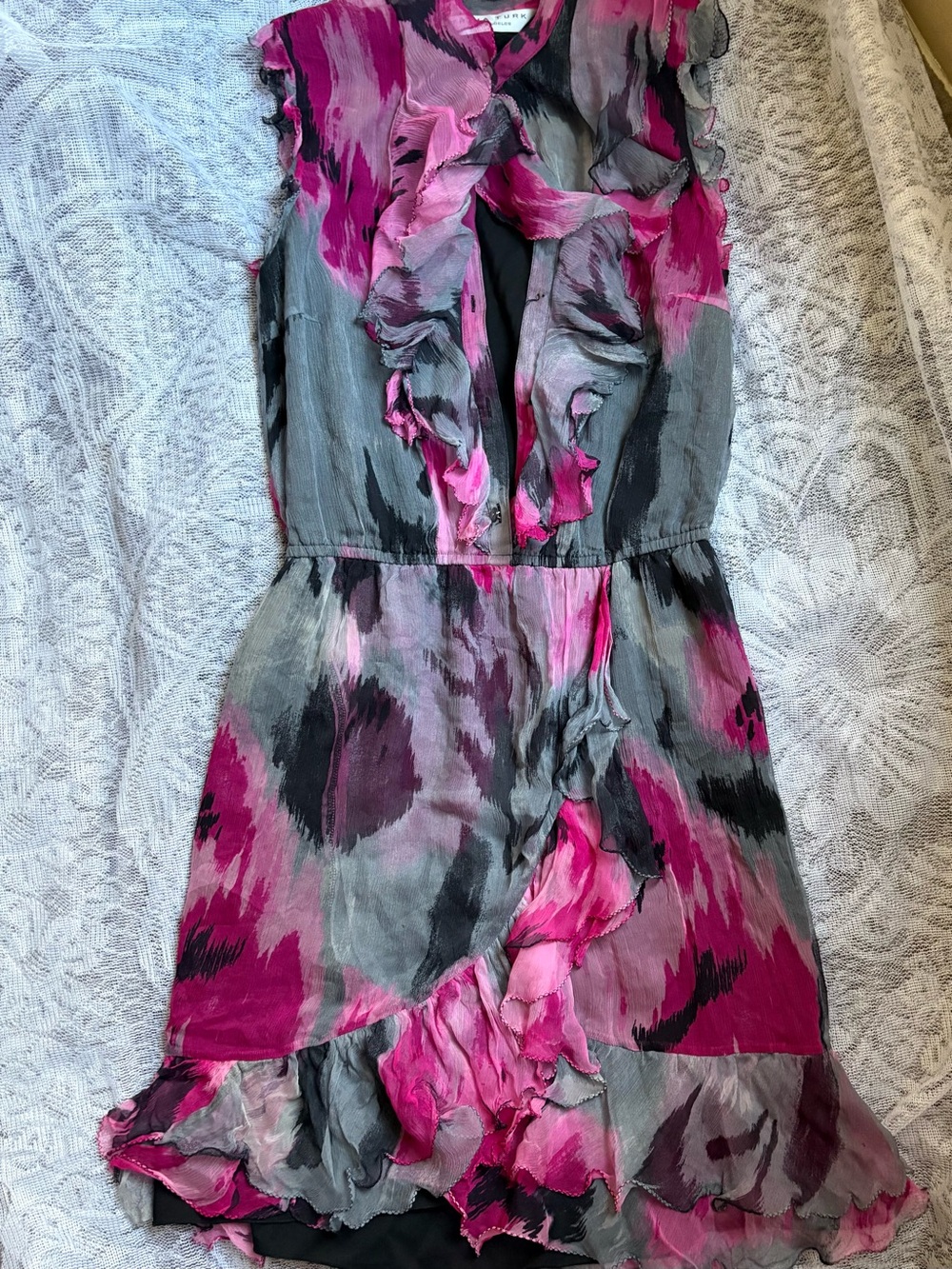 Trina Turk Pink and Gray Ruffle-Trim Sleeveless Mini Dress